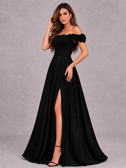 3D Flower Off the Shoulder A Line Satin Pleated Evening Dress with Split Side