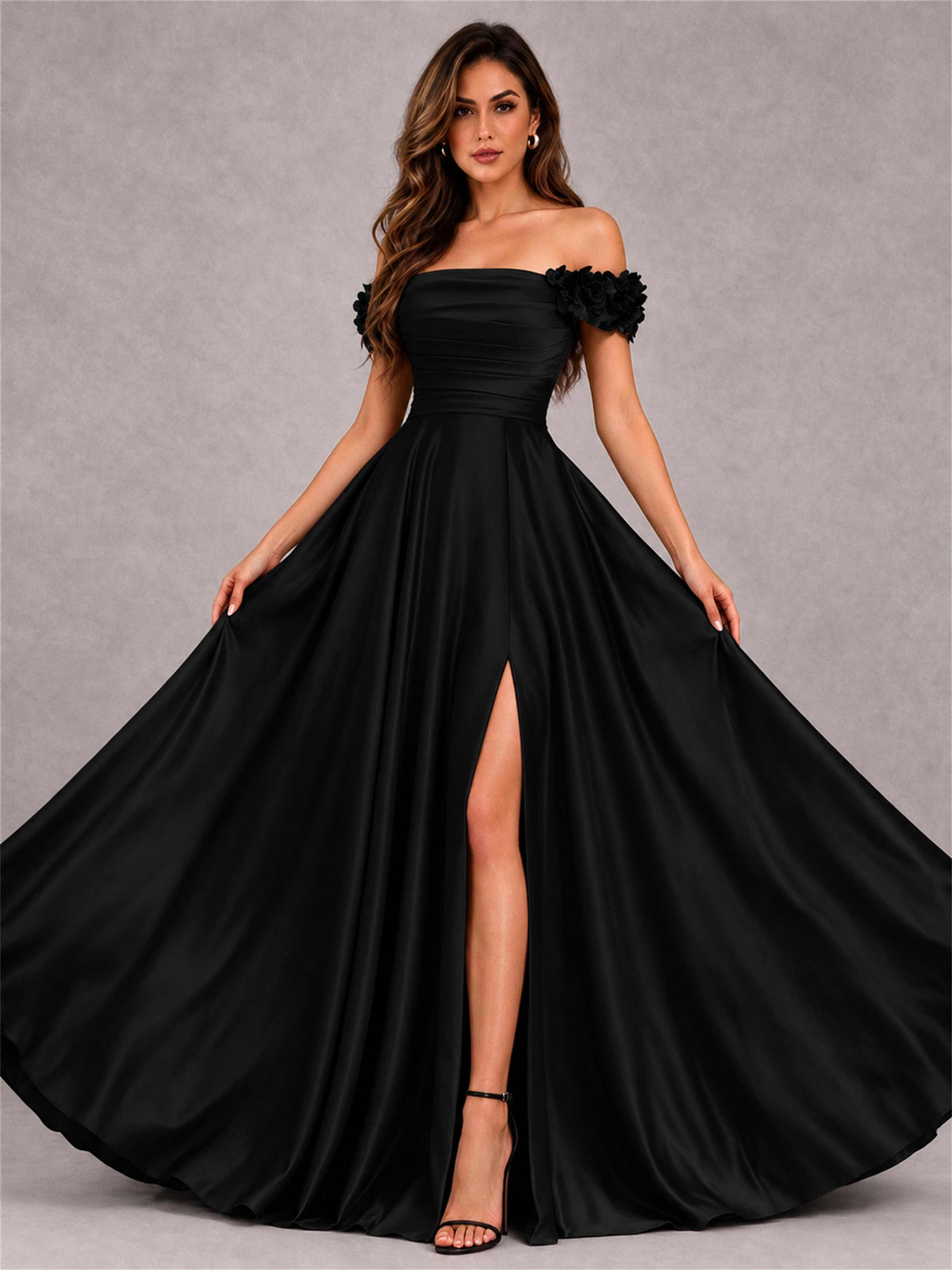 3D Flower Off the Shoulder A Line Satin Pleated Evening Dress with Split Side