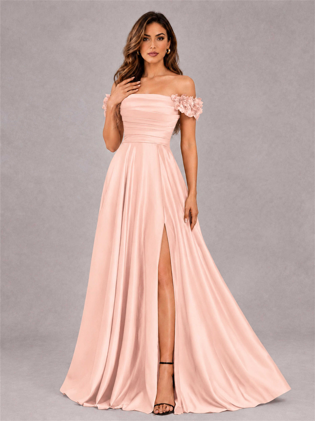 3D Flower Off the Shoulder A Line Satin Pleated Evening Dress with Split Side