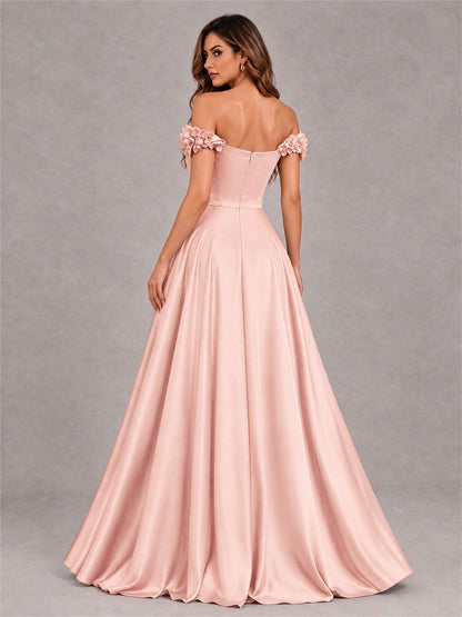 3D Flower Off the Shoulder A Line Satin Pleated Evening Dress with Split Side