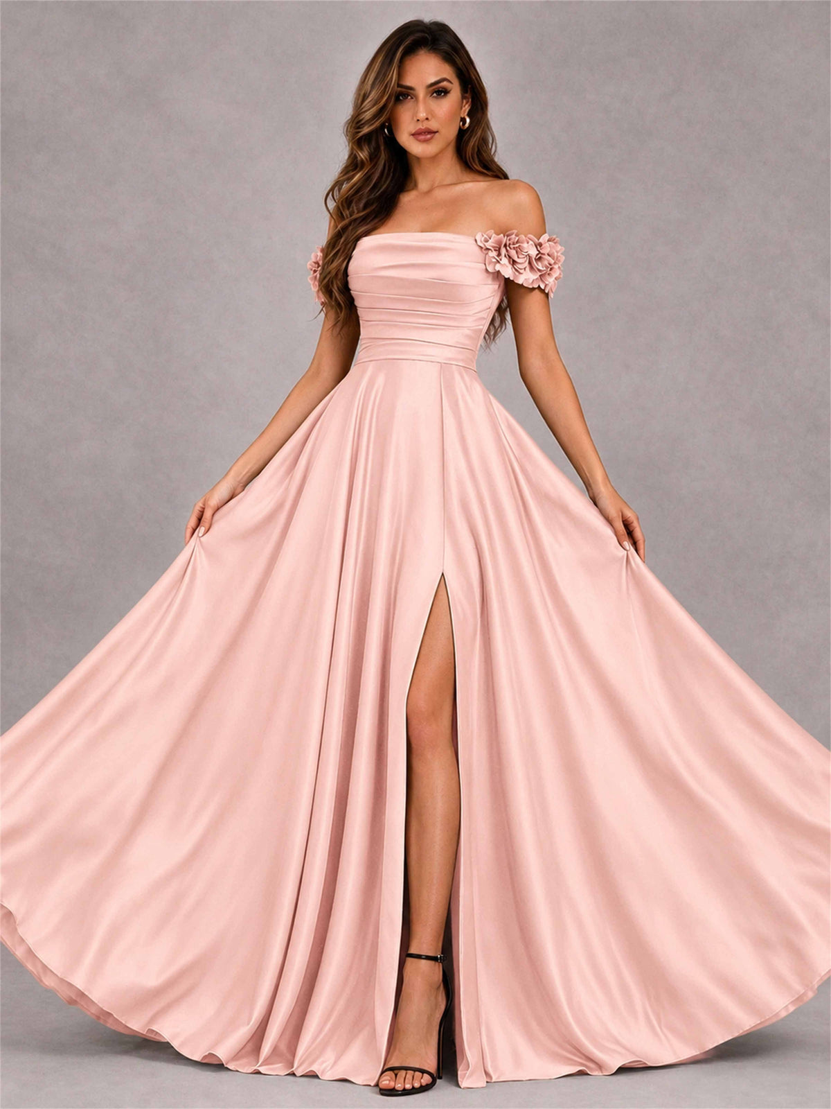 3D Flower Off the Shoulder A Line Satin Pleated Evening Dress with Split Side