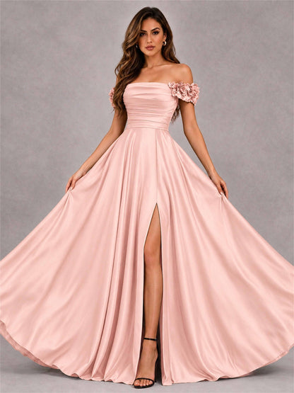 3D Flower Off the Shoulder A Line Satin Pleated Evening Dress with Split Side