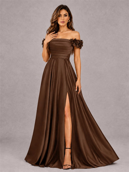 3D Flower Off the Shoulder A Line Satin Pleated Evening Dress with Split Side
