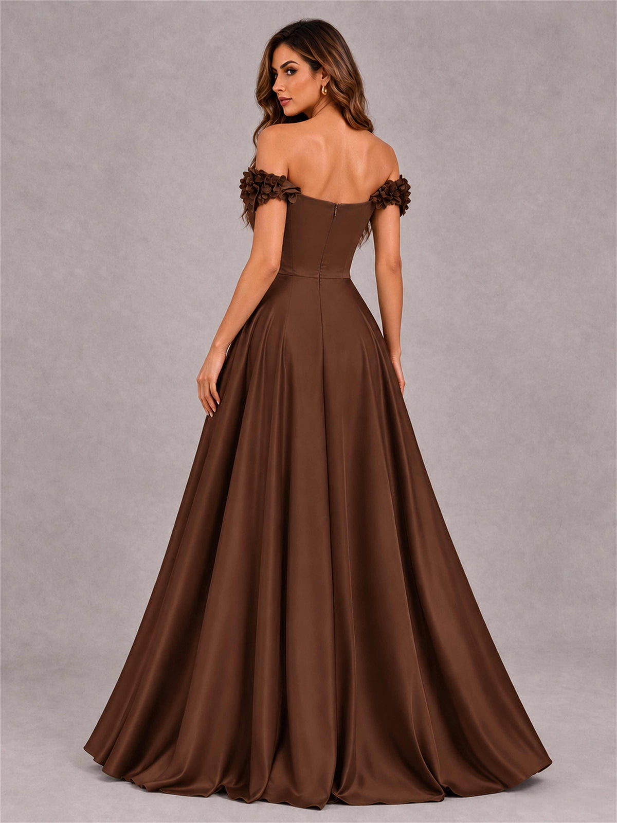 3D Flower Off the Shoulder A Line Satin Pleated Evening Dress with Split Side