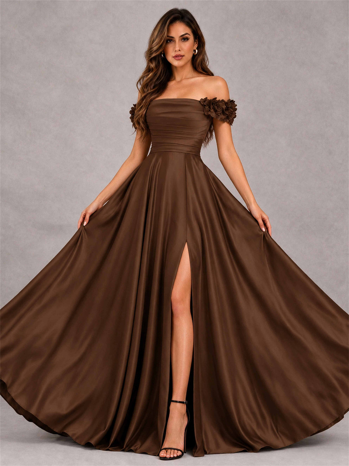 3D Flower Off the Shoulder A Line Satin Pleated Evening Dress with Split Side