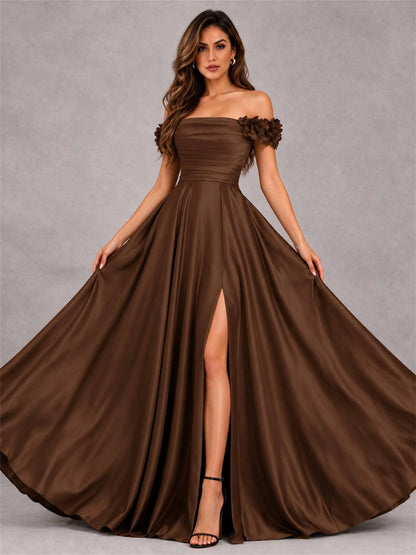 3D Flower Off the Shoulder A Line Satin Pleated Evening Dress with Split Side