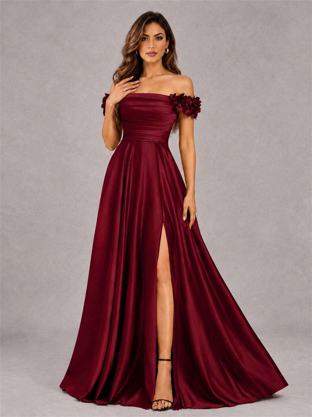3D Flower Off the Shoulder A Line Satin Pleated Evening Dress with Split Side