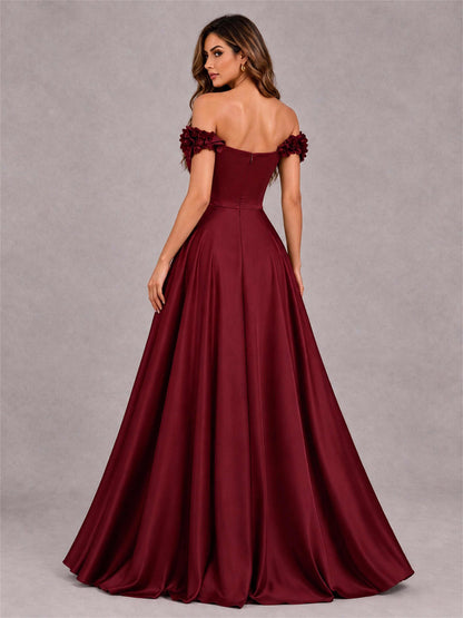 3D Flower Off the Shoulder A Line Satin Pleated Evening Dress with Split Side