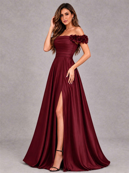 3D Flower Off the Shoulder A Line Satin Pleated Evening Dress with Split Side