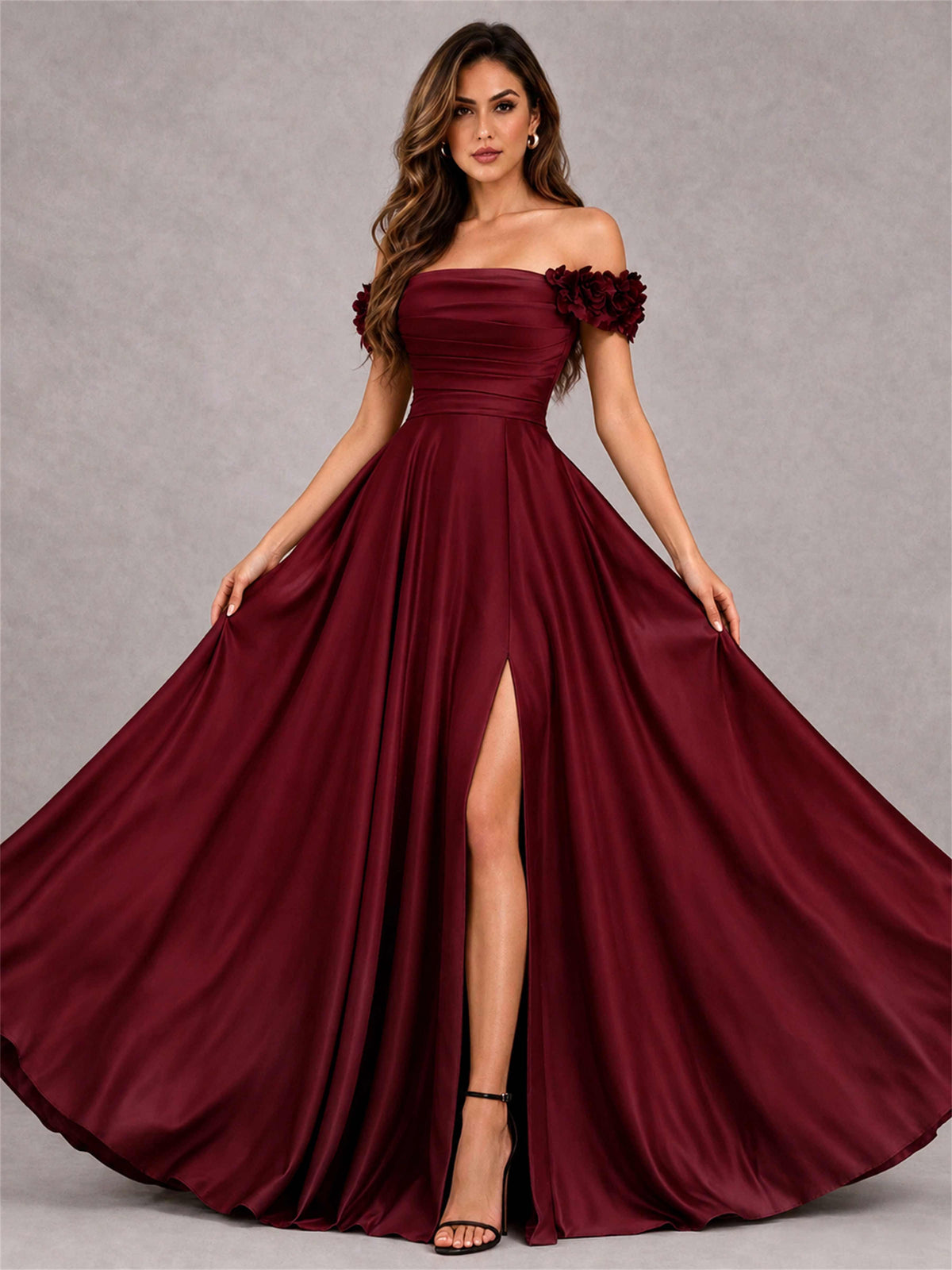 3D Flower Off the Shoulder A Line Satin Pleated Evening Dress with Split Side