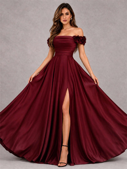 3D Flower Off the Shoulder A Line Satin Pleated Evening Dress with Split Side