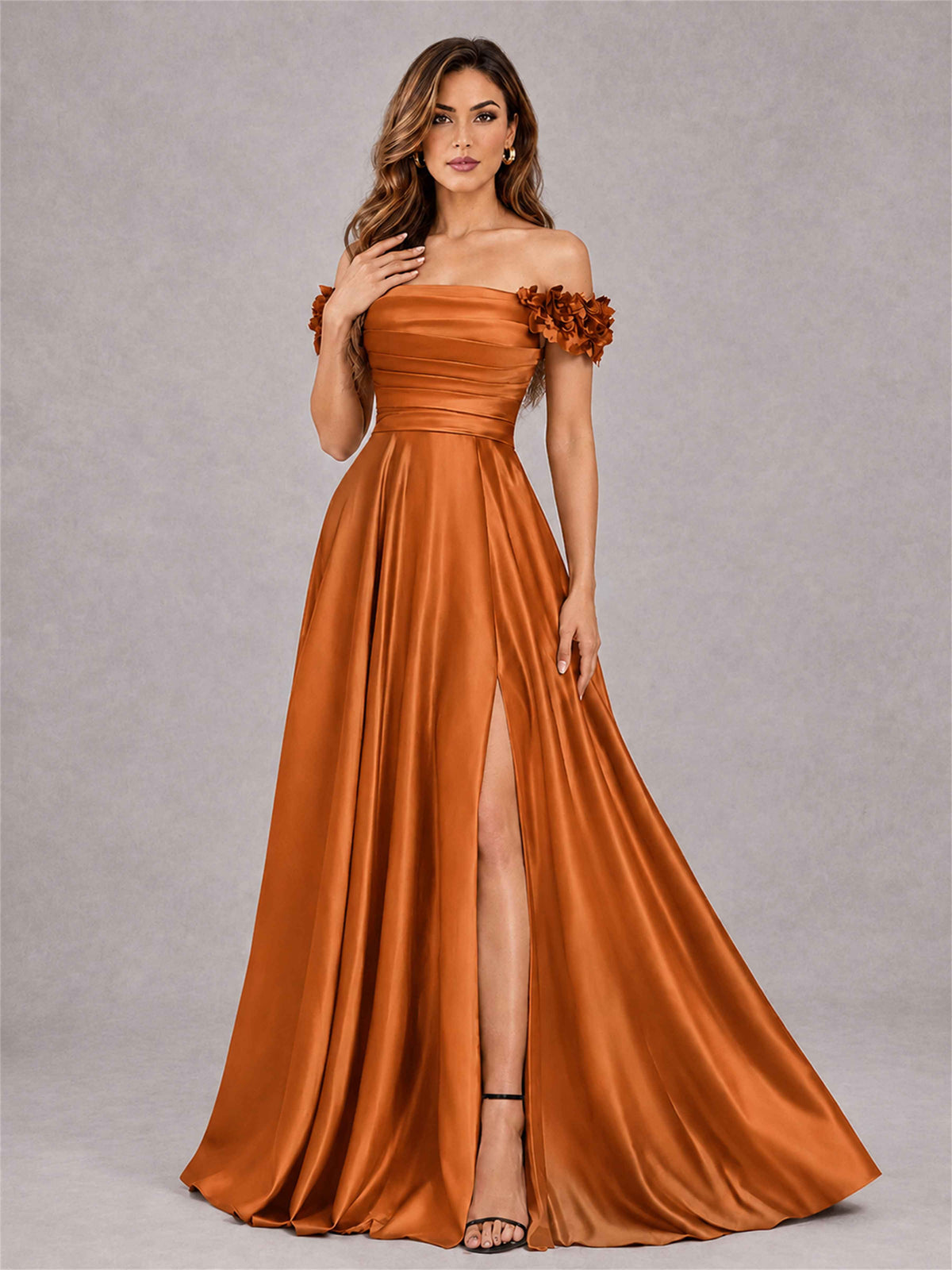 3D Flower Off the Shoulder A Line Satin Pleated Evening Dress with Split Side