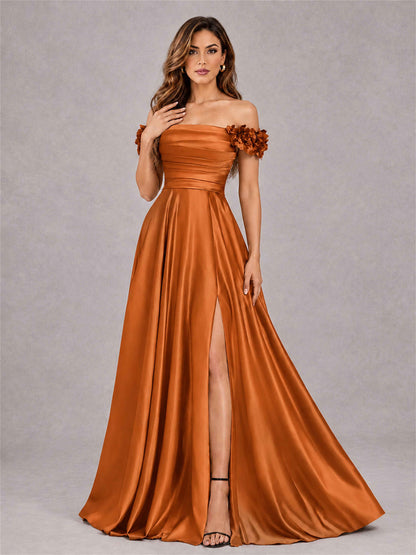 3D Flower Off the Shoulder A Line Satin Pleated Evening Dress with Split Side