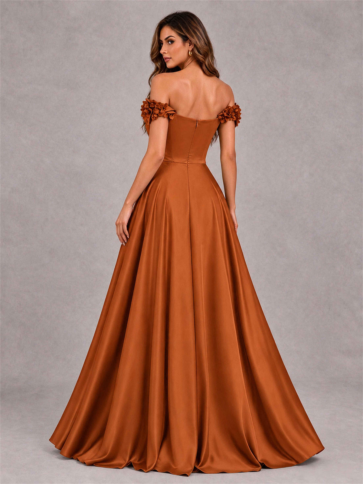 3D Flower Off the Shoulder A Line Satin Pleated Evening Dress with Split Side