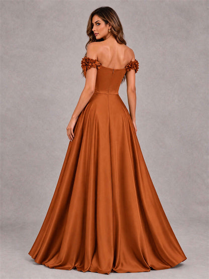 3D Flower Off the Shoulder A Line Satin Pleated Evening Dress with Split Side