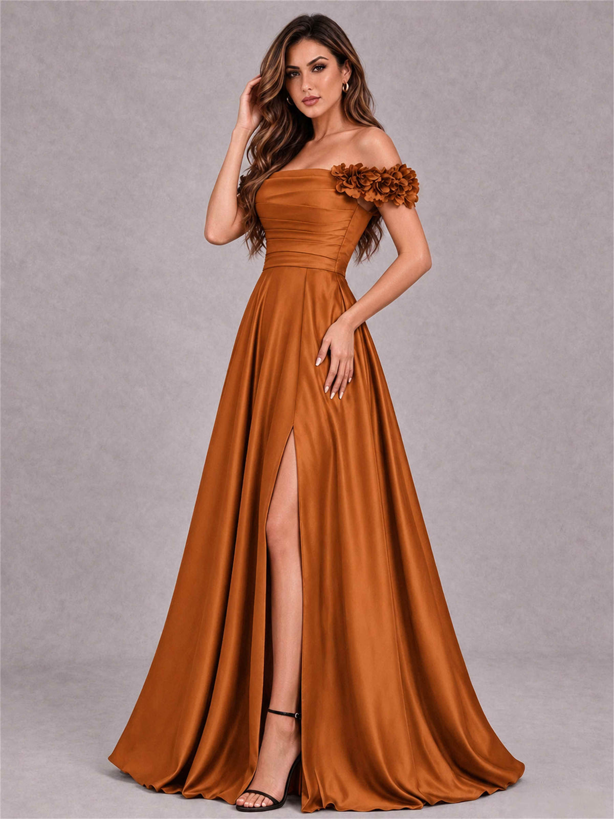 3D Flower Off the Shoulder A Line Satin Pleated Evening Dress with Split Side