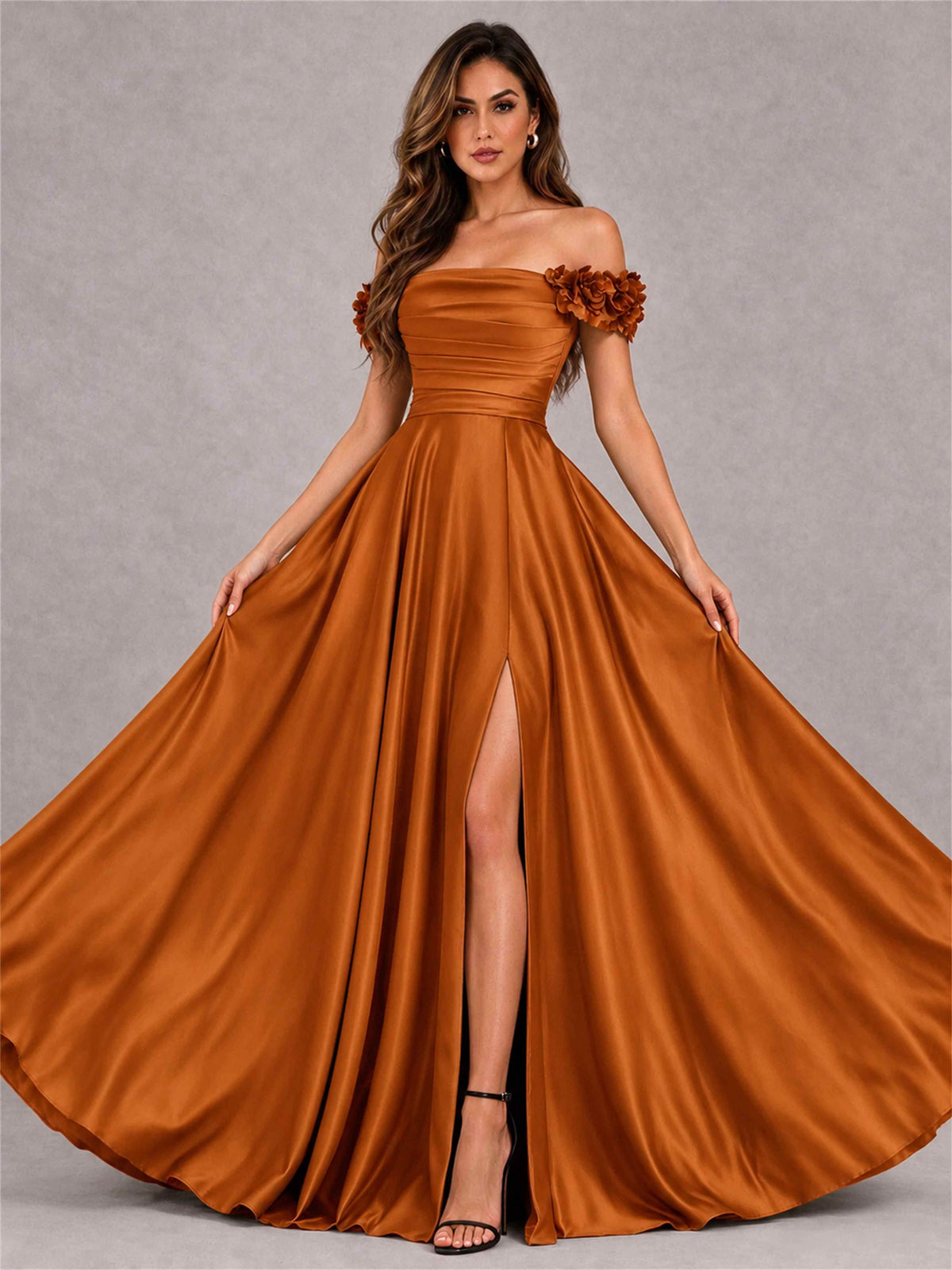 3D Flower Off the Shoulder A Line Satin Pleated Evening Dress with Split Side