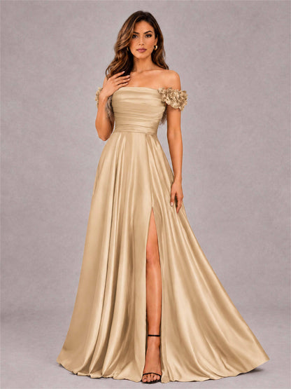 3D Flower Off the Shoulder A Line Satin Pleated Evening Dress with Split Side
