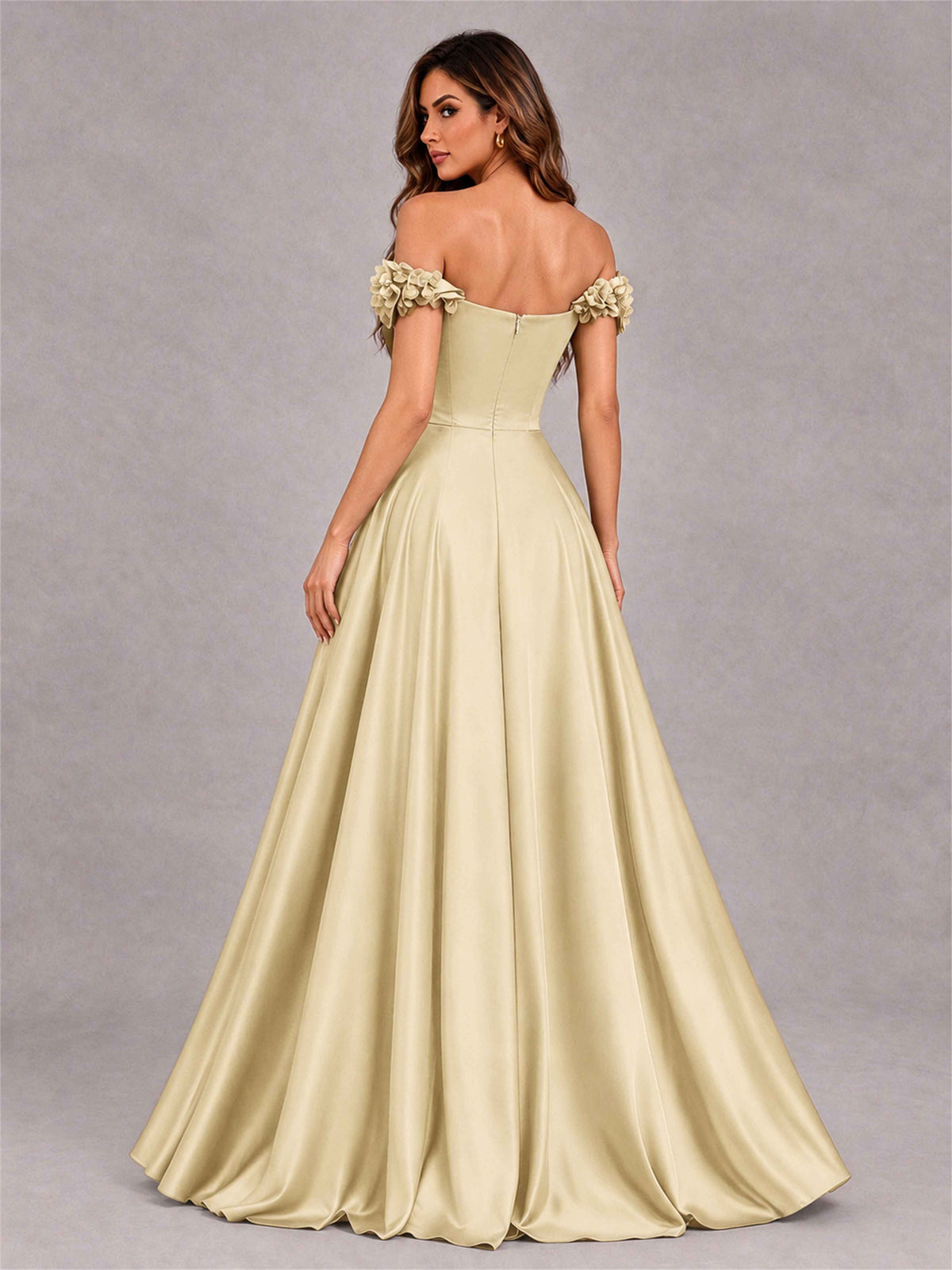 3D Flower Off the Shoulder A Line Satin Pleated Evening Dress with Split Side