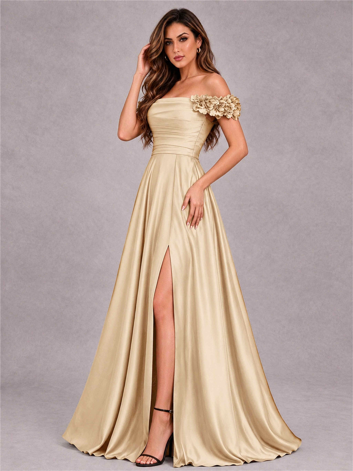 3D Flower Off the Shoulder A Line Satin Pleated Evening Dress with Split Side