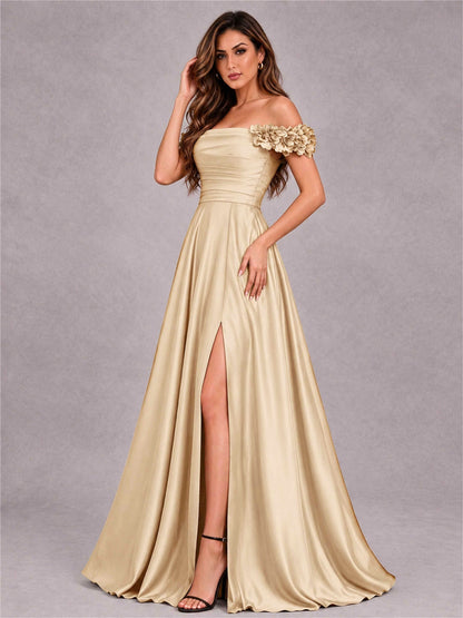 3D Flower Off the Shoulder A Line Satin Pleated Evening Dress with Split Side