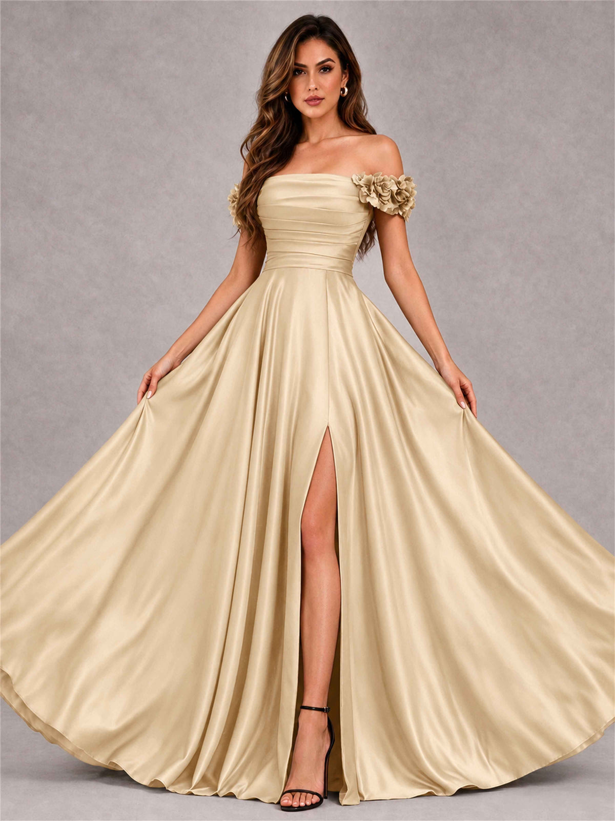 3D Flower Off the Shoulder A Line Satin Pleated Evening Dress with Split Side