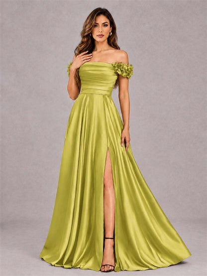 3D Flower Off the Shoulder A Line Satin Pleated Evening Dress with Split Side
