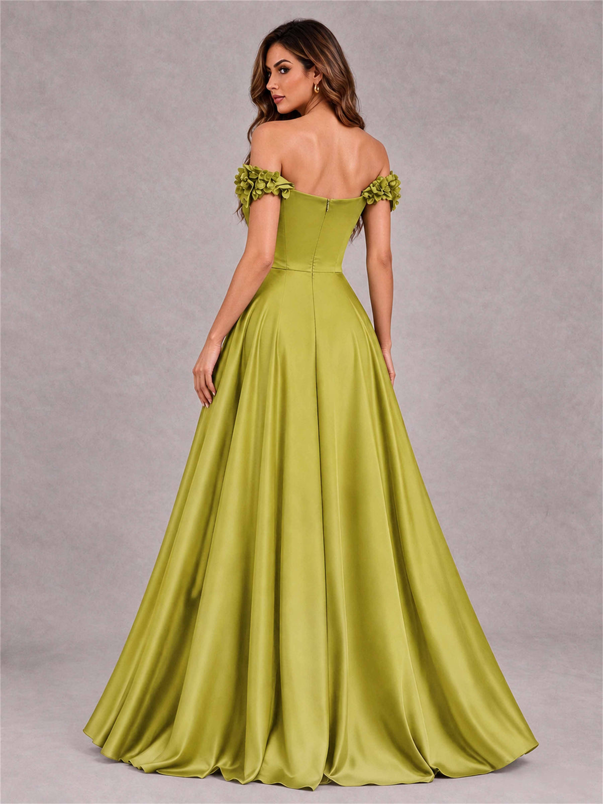 3D Flower Off the Shoulder A Line Satin Pleated Evening Dress with Split Side