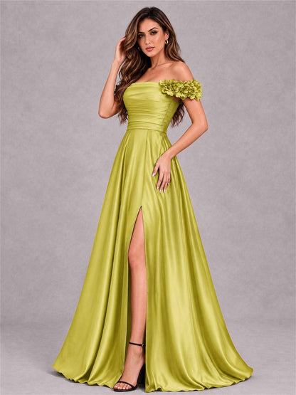 3D Flower Off the Shoulder A Line Satin Pleated Evening Dress with Split Side