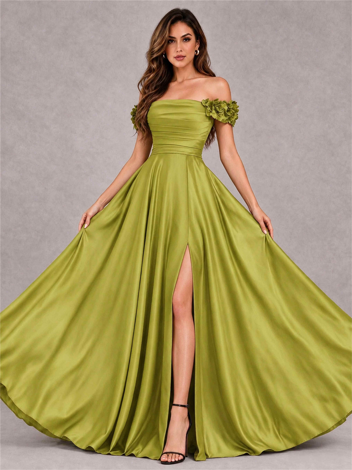 3D Flower Off the Shoulder A Line Satin Pleated Evening Dress with Split Side