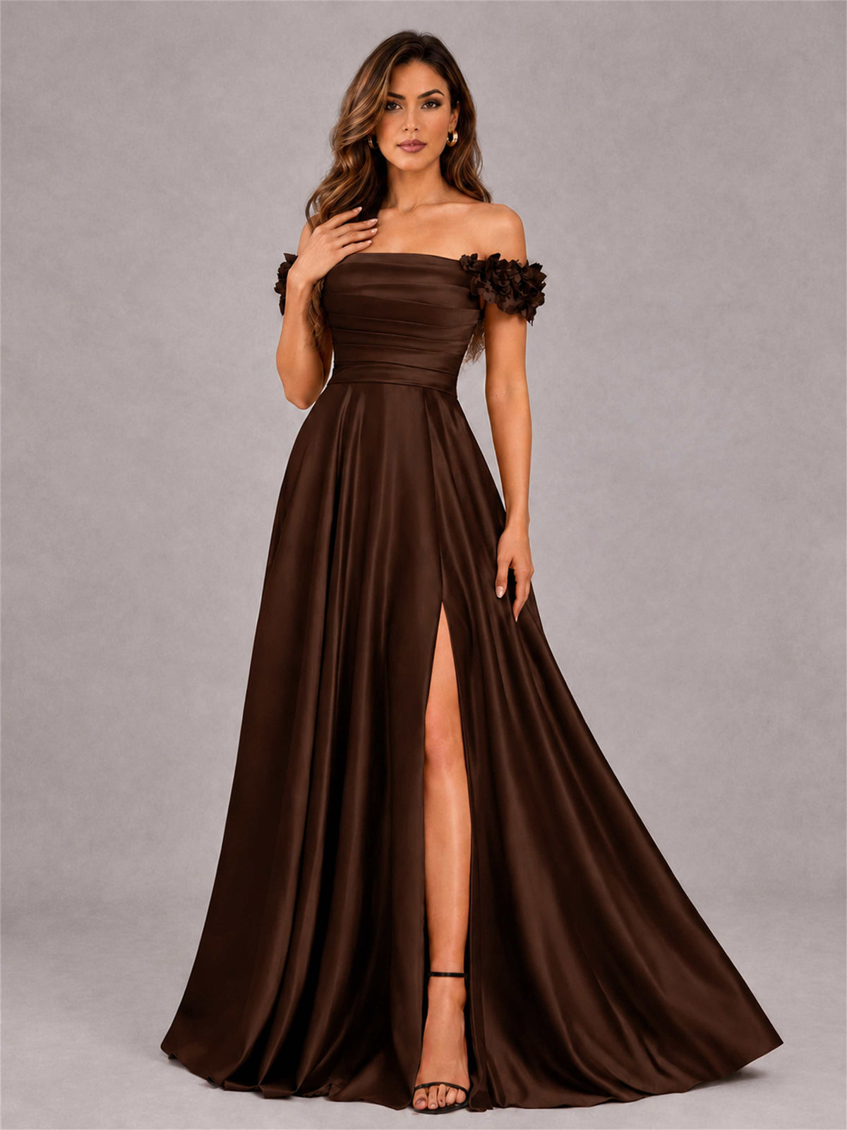 3D Flower Off the Shoulder A Line Satin Pleated Evening Dress with Split Side
