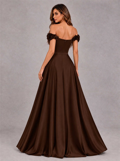 3D Flower Off the Shoulder A Line Satin Pleated Evening Dress with Split Side