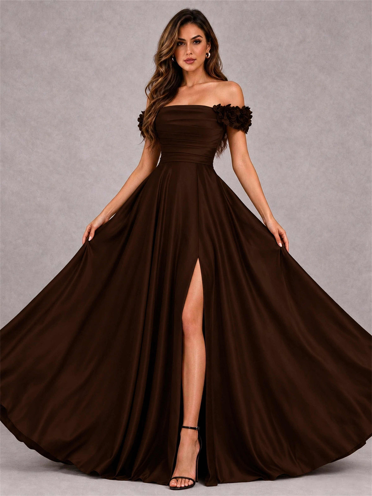 3D Flower Off the Shoulder A Line Satin Pleated Evening Dress with Split Side