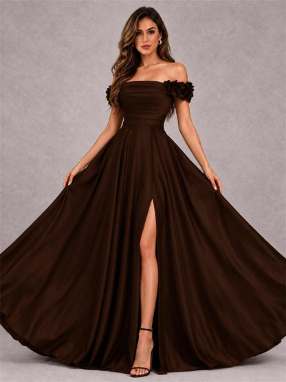 3D Flower Off the Shoulder A Line Satin Pleated Evening Dress with Split Side