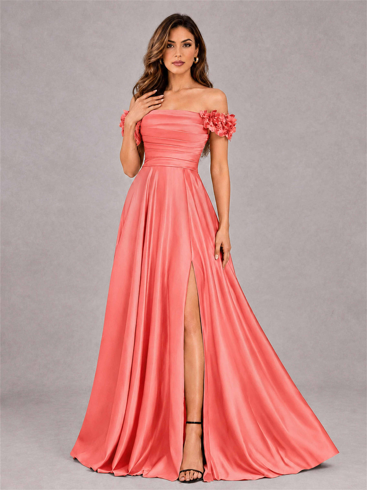 3D Flower Off the Shoulder A Line Satin Pleated Evening Dress with Split Side