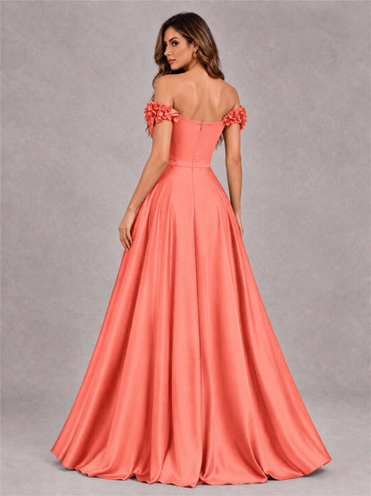 3D Flower Off the Shoulder A Line Satin Pleated Evening Dress with Split Side