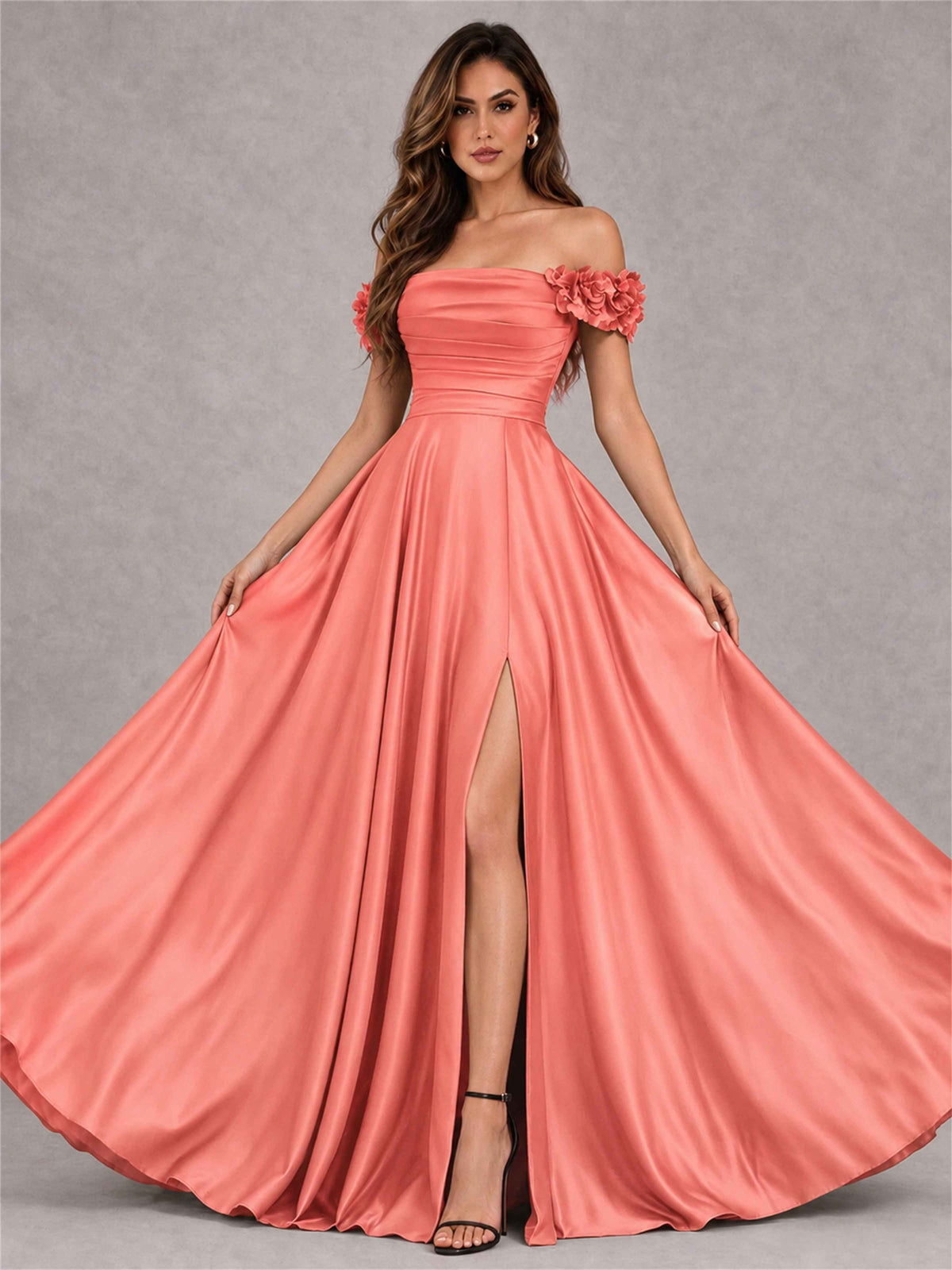 3D Flower Off the Shoulder A Line Satin Pleated Evening Dress with Split Side