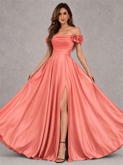 3D Flower Off the Shoulder A Line Satin Pleated Evening Dress with Split Side