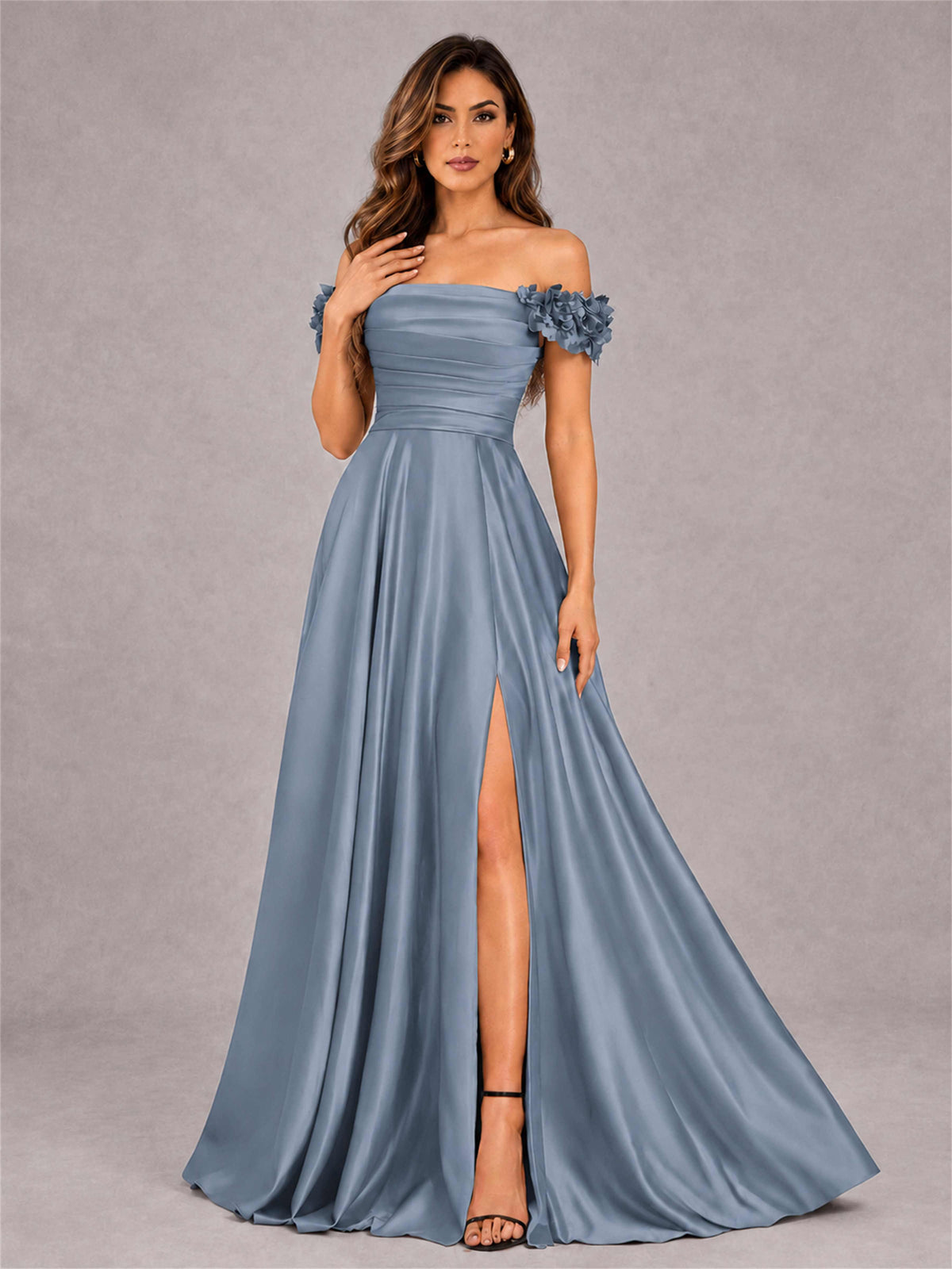 3D Flower Off the Shoulder A Line Satin Pleated Evening Dress with Split Side