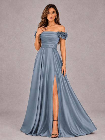 3D Flower Off the Shoulder A Line Satin Pleated Evening Dress with Split Side