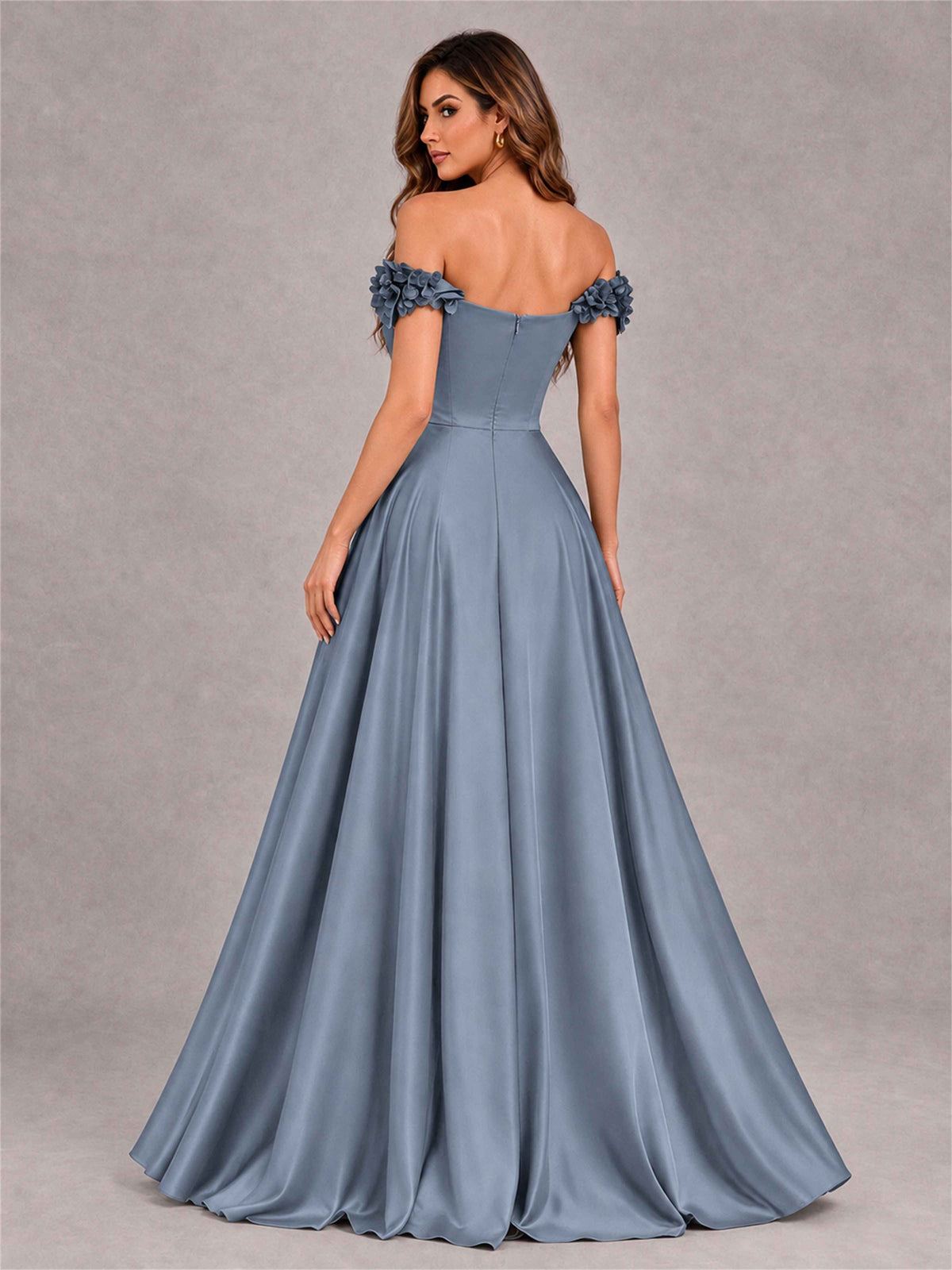 3D Flower Off the Shoulder A Line Satin Pleated Evening Dress with Split Side
