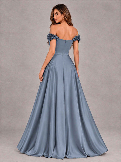 3D Flower Off the Shoulder A Line Satin Pleated Evening Dress with Split Side