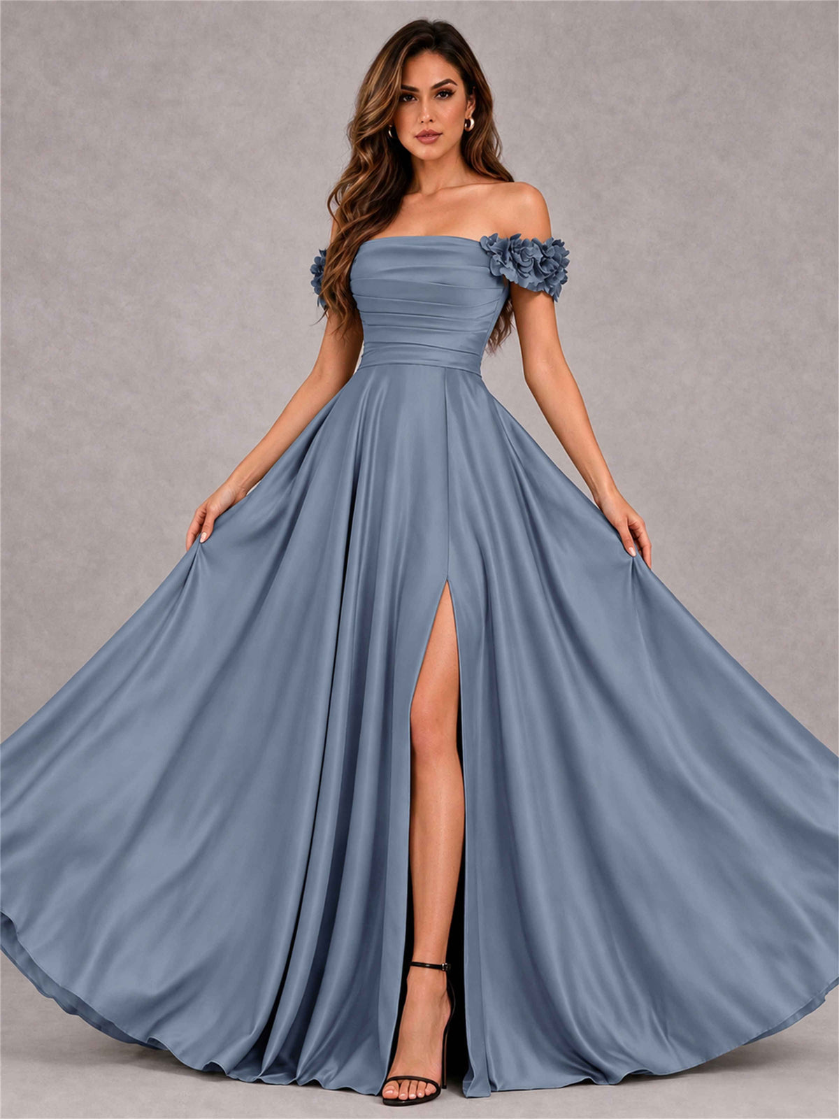 3D Flower Off the Shoulder A Line Satin Pleated Evening Dress with Split Side