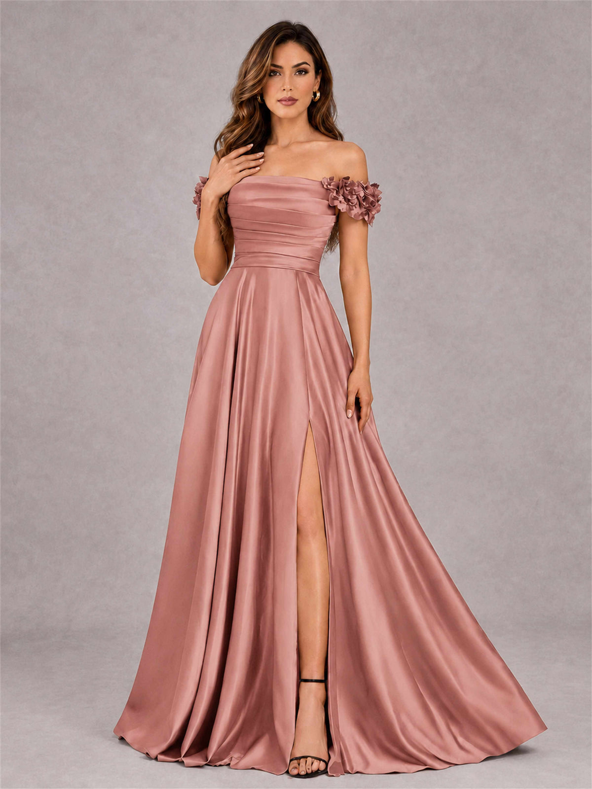 3D Flower Off the Shoulder A Line Satin Pleated Evening Dress with Split Side