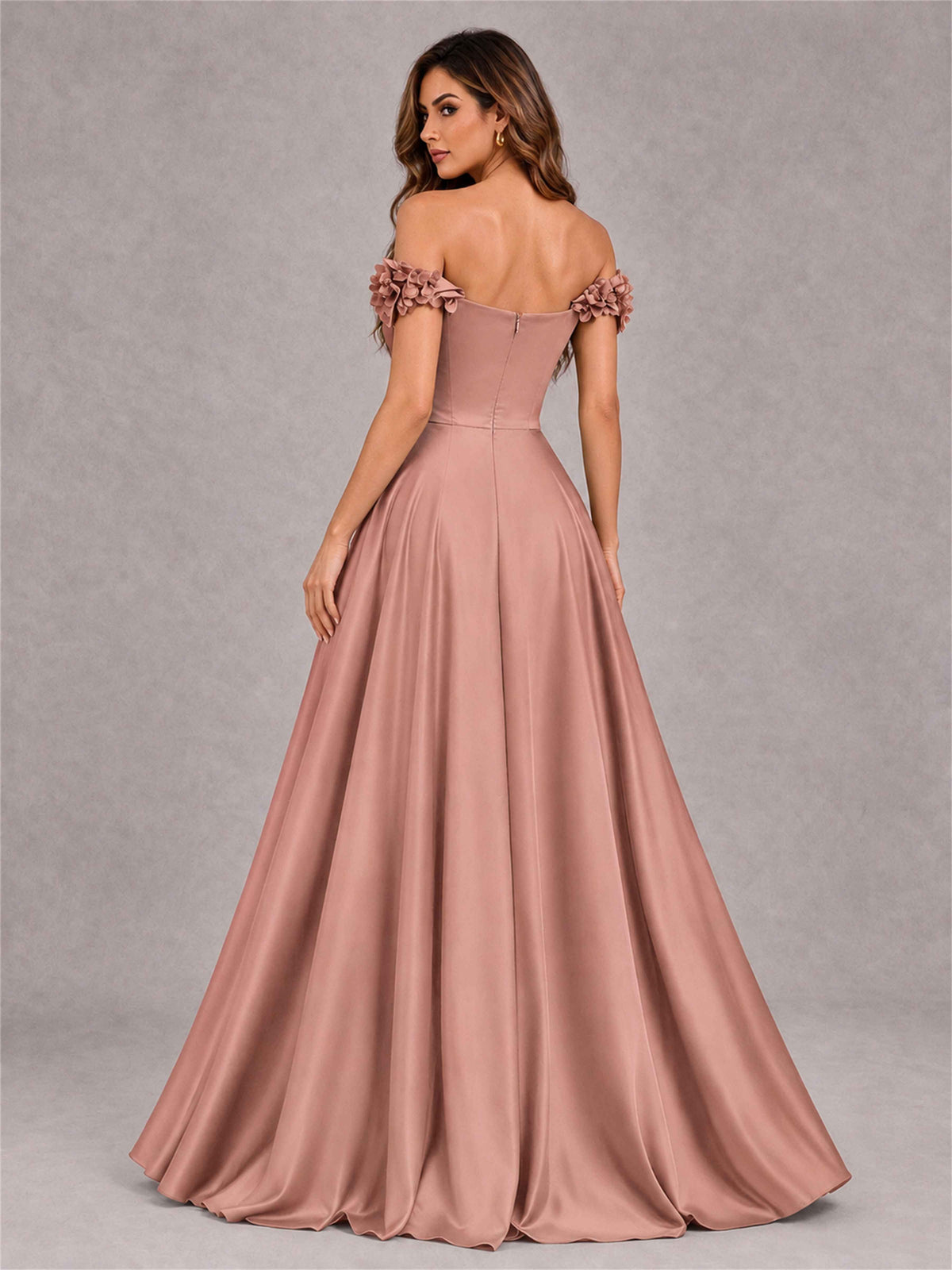 3D Flower Off the Shoulder A Line Satin Pleated Evening Dress with Split Side
