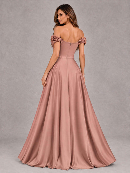 3D Flower Off the Shoulder A Line Satin Pleated Evening Dress with Split Side