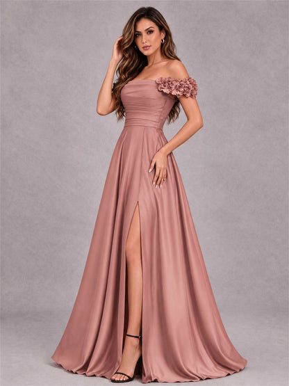3D Flower Off the Shoulder A Line Satin Pleated Evening Dress with Split Side