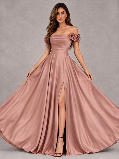 3D Flower Off the Shoulder A Line Satin Pleated Evening Dress with Split Side