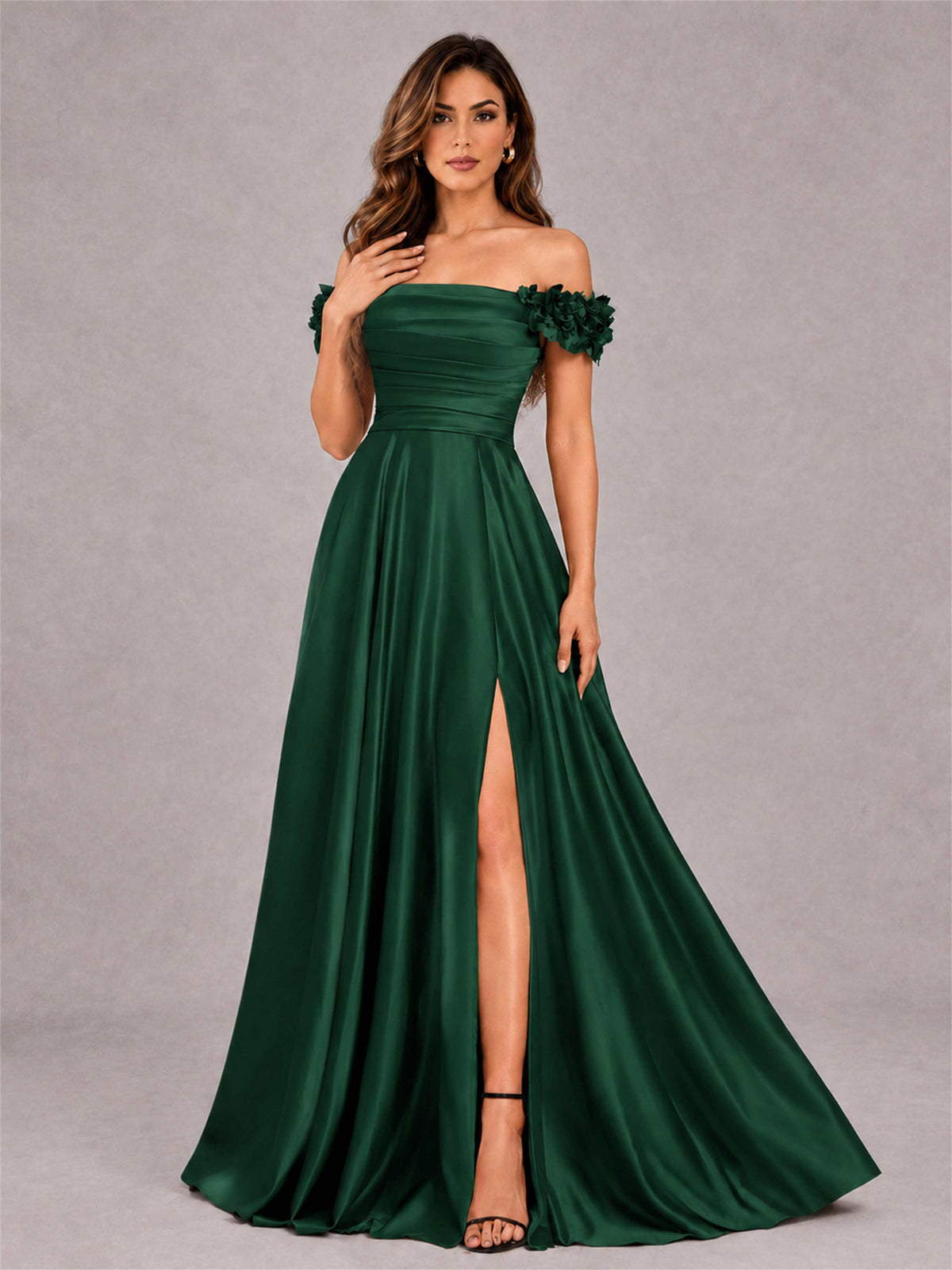 3D Flower Off the Shoulder A Line Satin Pleated Evening Dress with Split Side