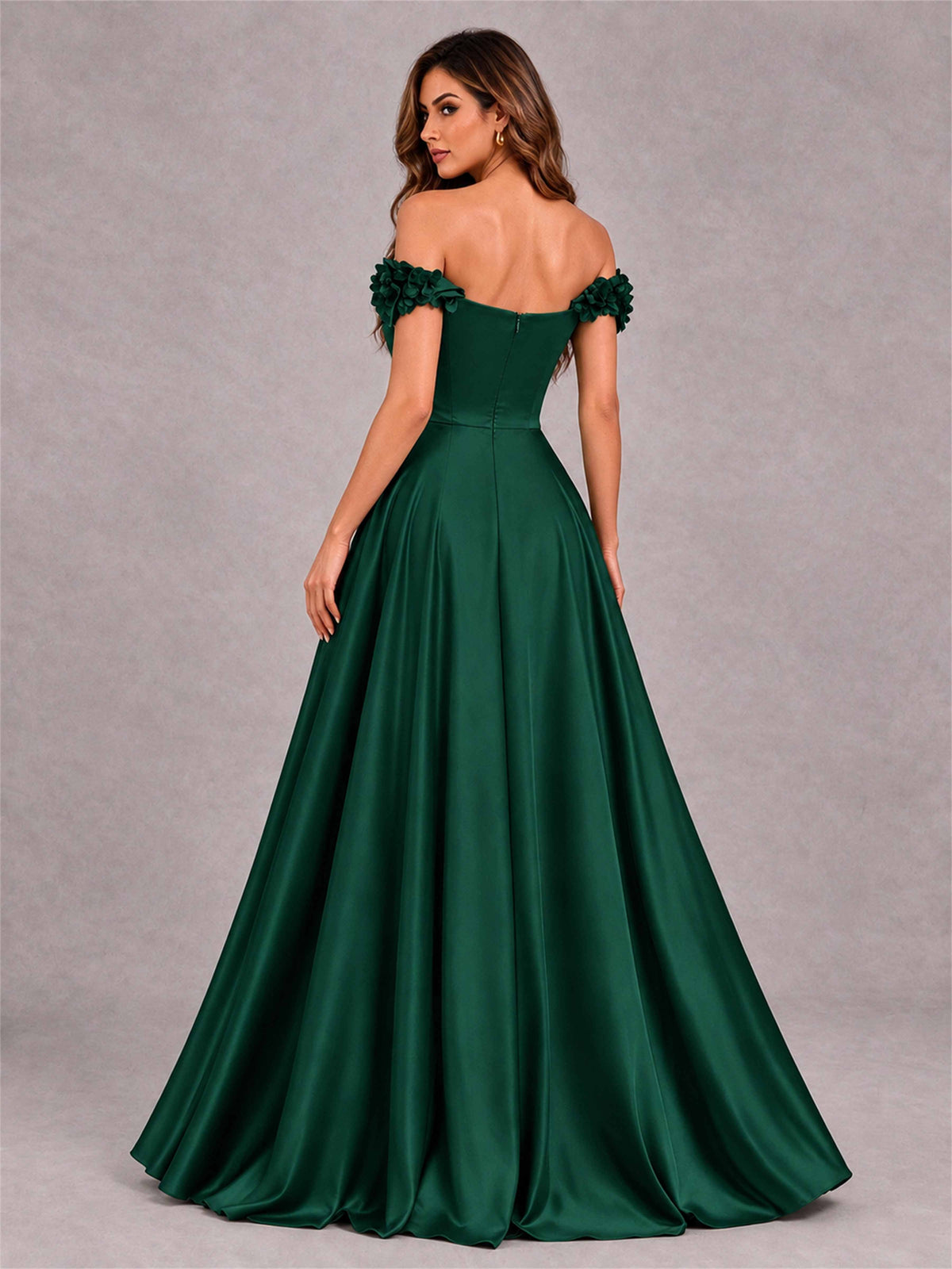 3D Flower Off the Shoulder A Line Satin Pleated Evening Dress with Split Side